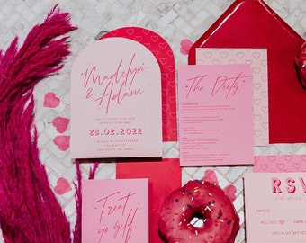 Melodie - Cool and fun pink curved wedding stationery, alternative wedding invitation set