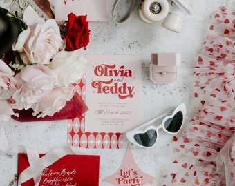 Olivia - Cool red and pink retro wedding stationery set, 60's inspired modern wedding stationery set