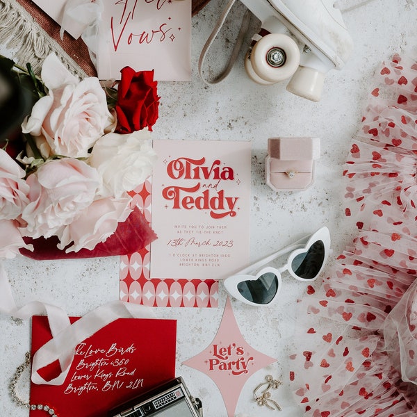 Olivia - Cool red and pink retro wedding stationery set, 60's inspired modern wedding stationery set