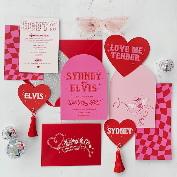 Sydney - Cool curved vegas inspired red and pink wedding stationery set, modern colourful and cool wedding invitation set.