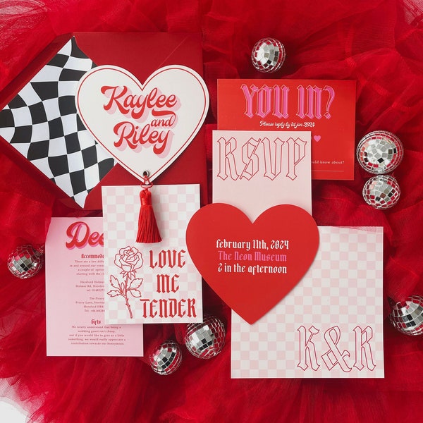 Priscilla - Vegas inspired heart shaped wedding stationery set, pink and red wedding invitation set