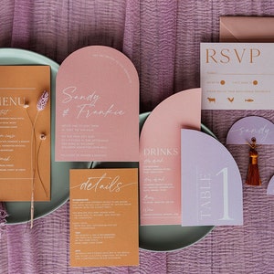 Sandy - Cool and modern curved pastel wedding stationery set, mid century modern print wedding invitations