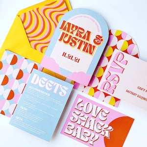 Cindy - Cool and fun curved colourful wedding stationery set, quirky patterned wedding invitation set