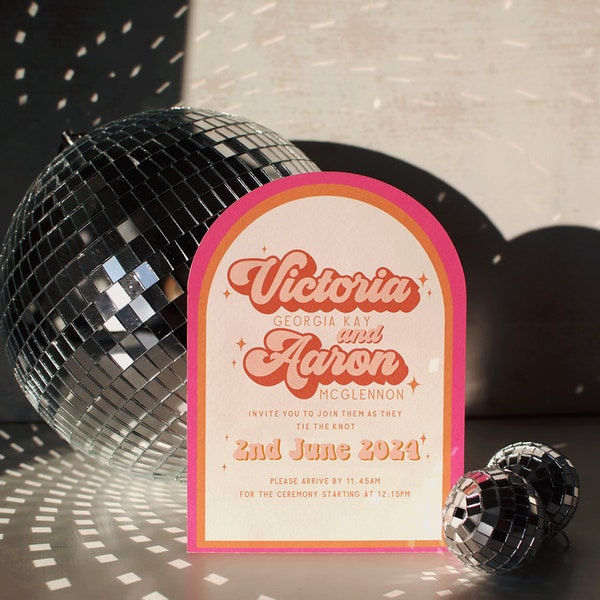 Roxy - Cool curved 70's retro wedding stationery set, Groovy retro wedding invitations, 70's disco wedding!