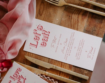 Olivia - Personalised menu card, red and pink super fun vegas vibes menu card