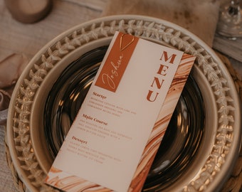 Jessie - Personalised place card and menu combination, warm toned, rustic yet modern wedding menu card, barn wedding place setting