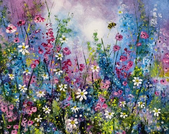 Original art "The Cottage Garden", meadow painting on box stretched canvas,   ready to hang Jenny Moran original art 40 x 40cm, 3 cm deep.