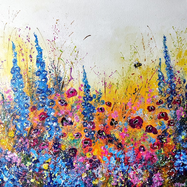 Originalkunstwerk „Fiery Meadow“, Wiesengemälde auf kastengespannter Leinwand, fertig zum Aufhängen. Originalkunstwerk von Jenny Moran, 50 x 50 cm, 3 cm tief.