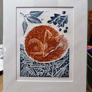 Original art linoprint- mounted original linocut print mounted to fit a standard sized frame