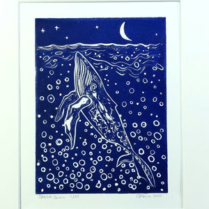 Original art.Starlit Swim- mounted original linocut print in blue tones original artwork