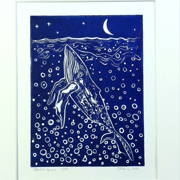 Original art.Starlit Swim - montierter Original Linoldruck in Blautönen Originalkunstwerk