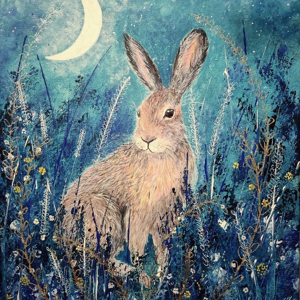 Original art.Waxing Moon, Hase Winter Malerei auf Box gestreckt Leinwand, fertig zum Aufhängen Jenny Moran original art