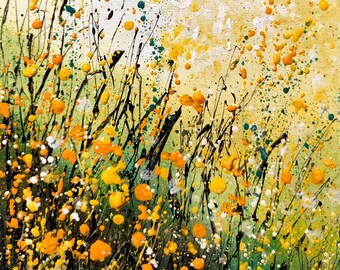 Original art Sunbeams, meadow painting on box stretched canvas,   ready to hang Jenny Moran original art 20 x 20 cm, 3 cm deep.