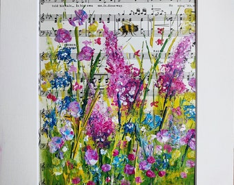 Original art musical meadow, original acrylic painting, mounted for easy framing. Signed art.