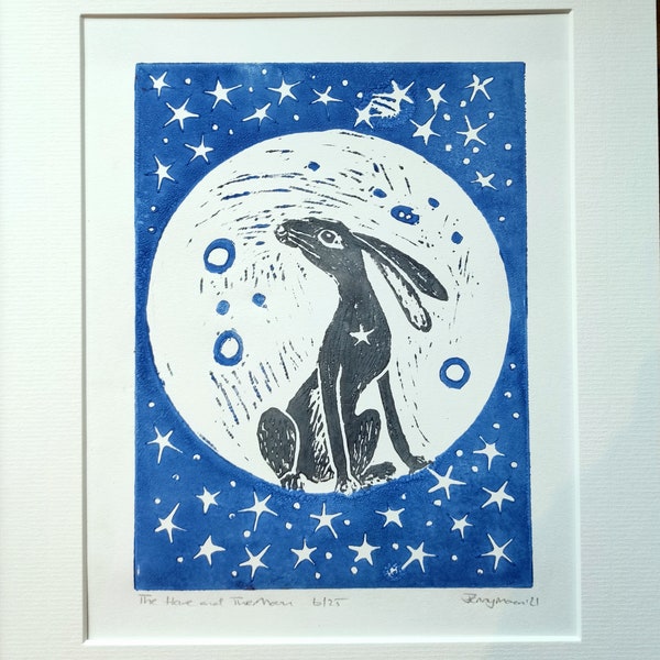 Original art.The Hare And The Moon- mounted original linocut print, original artwork