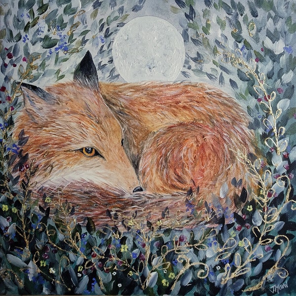 Original Kunst.Sonnenwende Mond Fuchs Winter Gemälde auf Box gestreckt Leinwand, fertig zum Aufhängen Jenny Moran Original Kunst