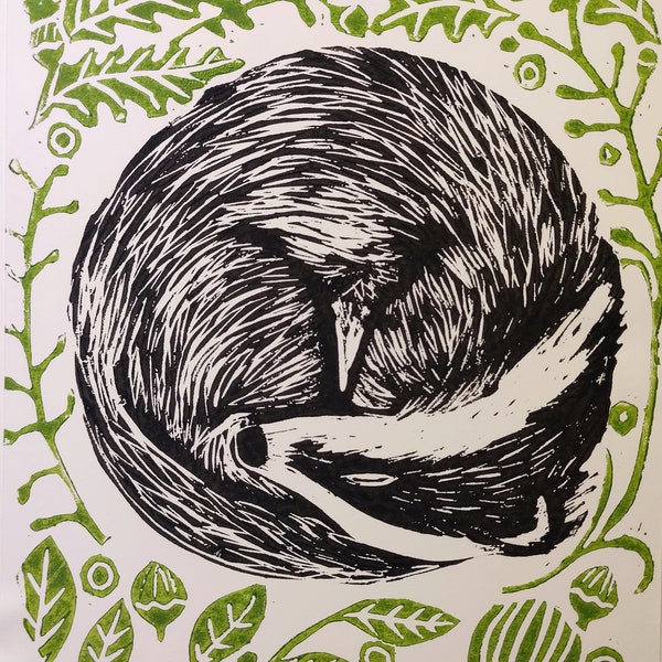 Sleeping In The Leaves - mounted original linocut print original artwork