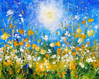 Original art Yellow glow, meadow painting on box stretched canvas,   ready to hang Jenny Moran original art 20 x 20 cm, 3 cm deep.