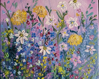 Wildflower meadow painting on box stretched canvas,   ready to hang original art