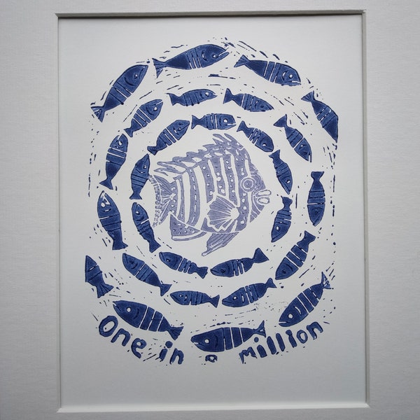 Original Kunst.One In A Million- montierter Original Linoldruck in Blau