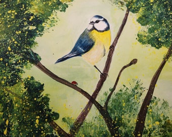 SALE Original art. Blue Tit painting on canvas paper,  animal, nature, forest, framed and ready to hang Jenny Moran original art