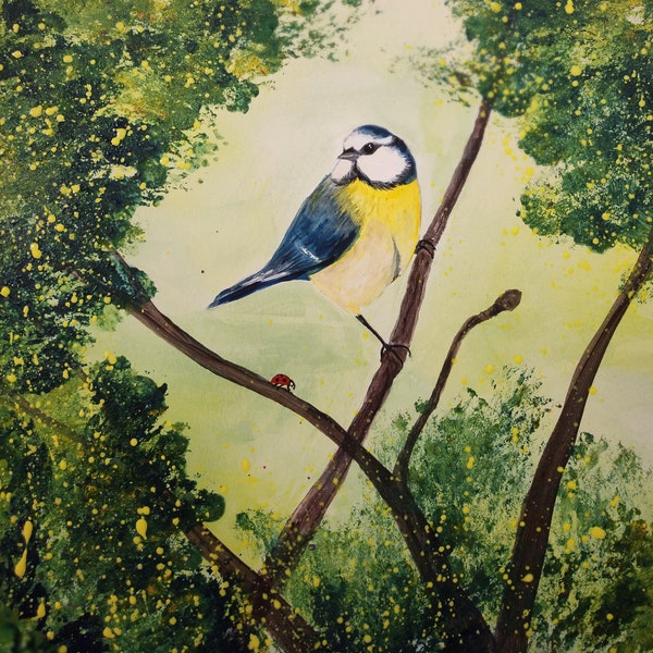 VERKAUF Originalkunst. Blaumeise Malerei auf Leinwand Papier, Tier, Natur, Wald, gerahmt und bereit zu hängen Jenny Moran original Kunst