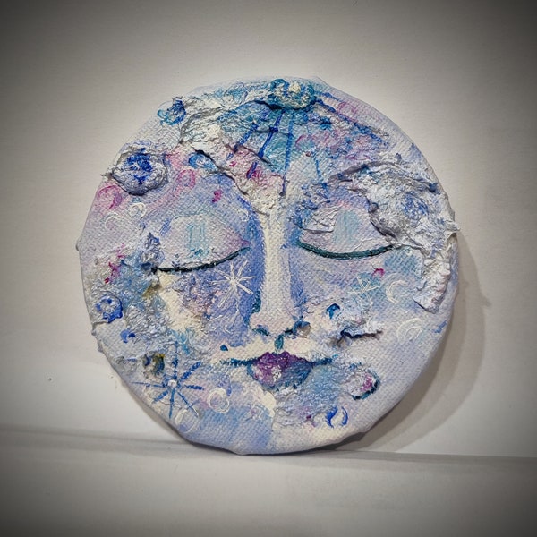 Moon face original acrylic and mixed media painting on mini canvas with display easel, ideal gift Jenny Moran original art