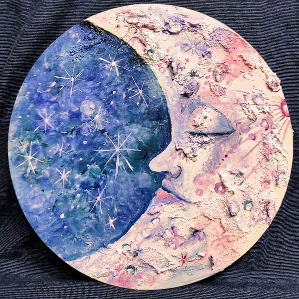 Mondsichel Original-Acrylgemälde in Mischtechnik auf Holzsockel. Jenny Moran ursprüngliche Kunst