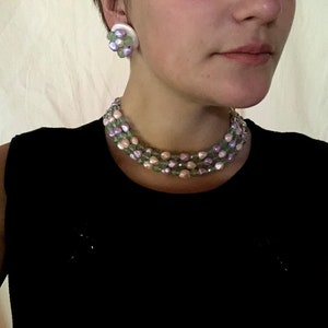 Vintage green purple and pink 3 strand necklace & clip on earring set