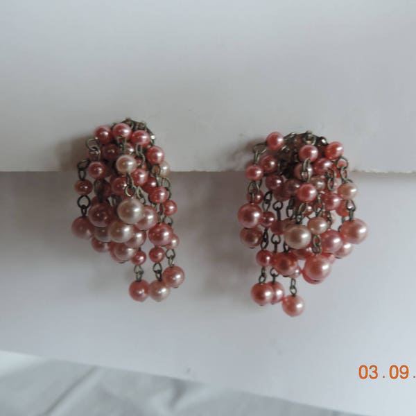 Vintage 1950's Clip-on Pink Pearl Dangle Earrings Made in Hong Kong