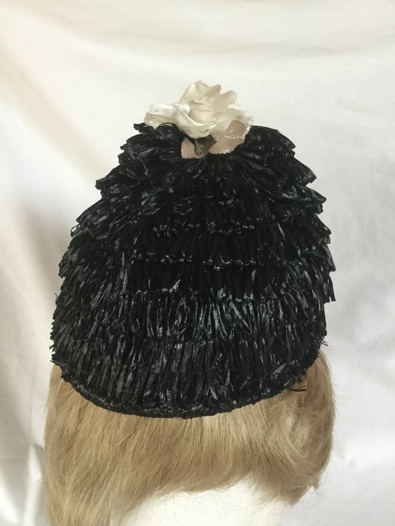 Vintage 1950's Black Beehive Fringe Hat - image 3