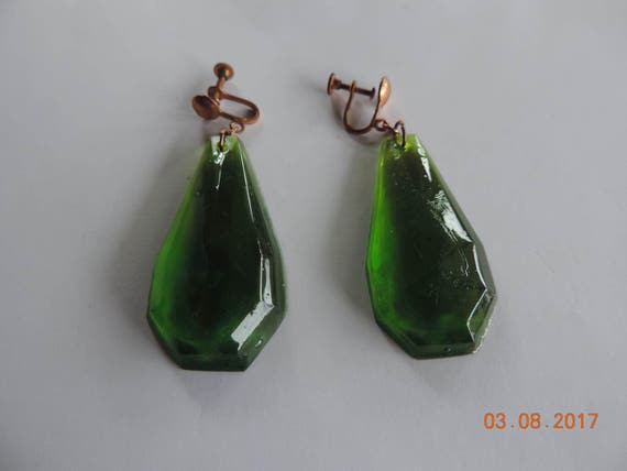 Vintage 1970's Resin Drop  Earrings With Copper S… - image 1