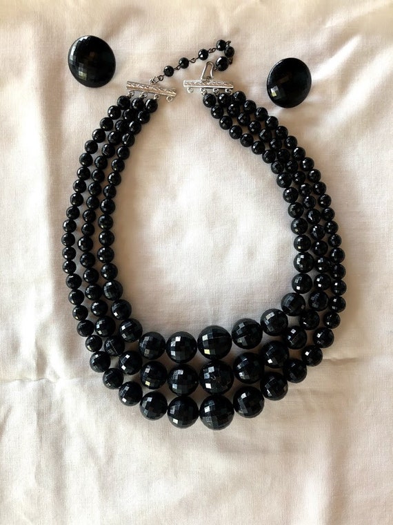 Vintage black 3 strand necklace with clip on earri