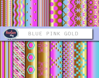 Gold digital paper BLUE PINK and GOLD commercial use digital gold paper gold background pink digital paper, teal, mint, gold, pink scrapbook