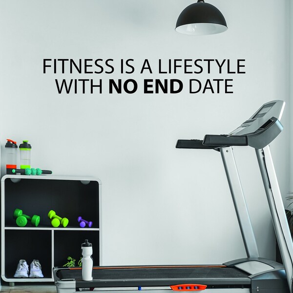 Fitness Wand Zitat, Fitnessstudio Wand Dekor Ideen, Gym Design-Ideen. FITNESS IST EIN LEBENSTYP ohne Enddatum, Radsportstudio Dekor, Wohnung Fitnessstudio