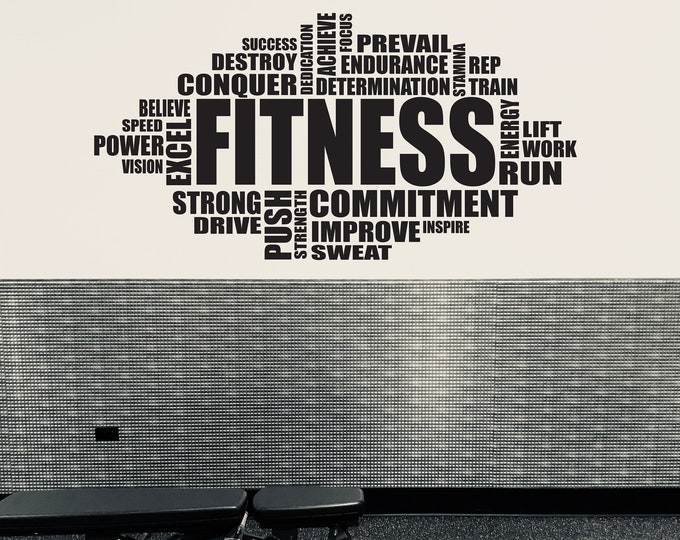 GYM WALL Decal, Inspirational Wall Decal, Fitness Wall Decal, Gym Wall Art Decal, FITNESS Word Cloud Typography Design