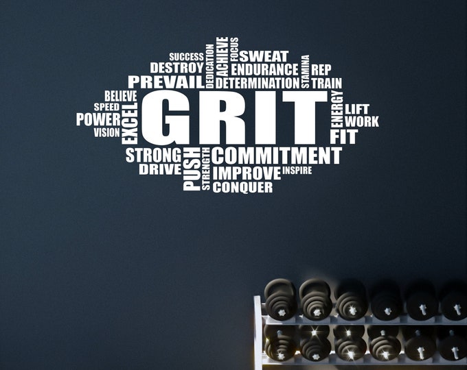 Gym Wall Art Decal, GRIT Word Cloud Typography Design, Grit Quote, Grit Decor, Physical Therapy, Garage Gym Idea, Recreation Room Decor