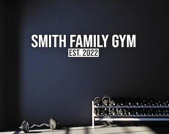 May include: A black wall with white text that reads "SMITH FAMILY GYM EST. 2022". A rack of black dumbbells is in the foreground.