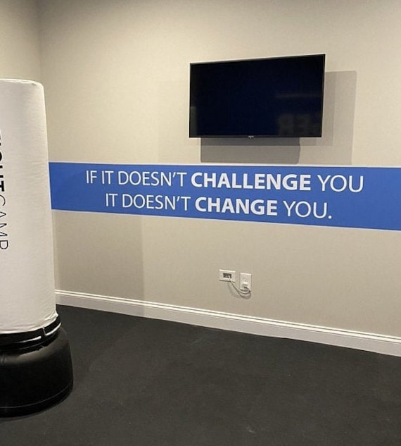 Gym Design Ideas, Gym Fitness Wall Decal, Gym Wall Design, Fitness Studio Decor, If it doesn't challenge you It doesn't change you.