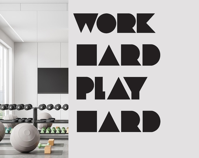 Work Hard Play Hard Wall Decal – Motivational Gym Quote Vinyl Sticker | Fitness Room, Home Office, Sports Wall Art, Workout Inspiration