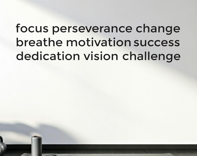 Fitness Motivation Wall Decal, focus perseverance change breathe motivation success dedication vision challenge, Word Cloud for Gym