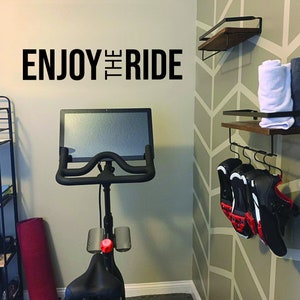 Cycling Studio Decor, Home Cycling Room Ideas, Home Gym Design Ideas, ENJOY THE RIDE gym wall decal. Wall Decor for Home Gym. 005