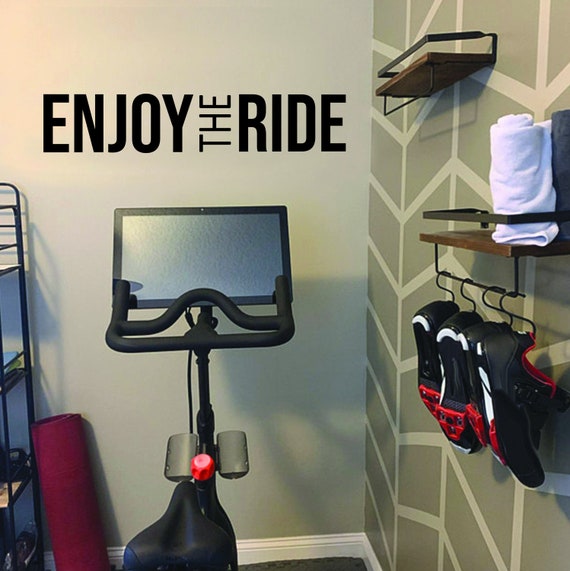 Cycling Studio Decor, Home Cycling Room Ideas, Home Gym Design Ideas, ENJOY THE RIDE gym wall decal. Wall Decor for Home Gym.