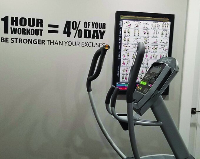 Gym Wall Decal, Gym Design Ideas, Fitness Wall Decal, Gym Motivational Quote Decal. 1 hour workout equals 4 percent of you day wall decal.