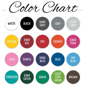 May include: A color chart with the title "Color Chart" in a cursive font. The chart displays 20 color swatches in a circular shape, each labeled with a color name, including white, black, red, and blue.