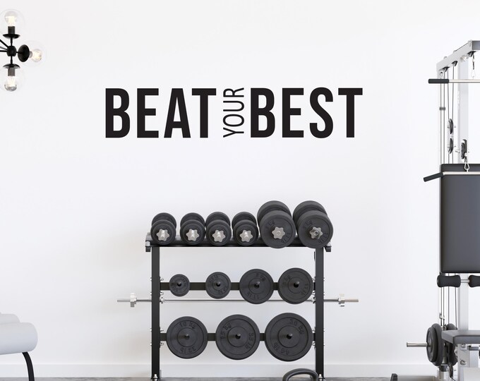 Cycling Studio Decor, Home Cycling Room Ideas, Home Gym Design Ideas, BEAT YOUR BEST gym wall decal. Wall Decor for Home Gym.