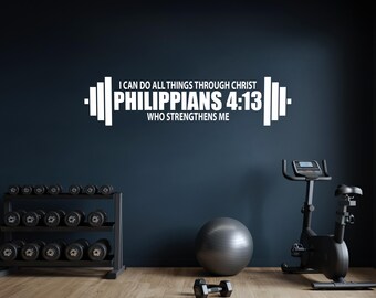 PHILIPPIANS 4:13 décalcomanie murale, décalcomanie murale de gymnastique, décalcomanie de forme physique, signe religieux de gymnastique, je peux faire toutes choses par le Christ qui me fortifie 066