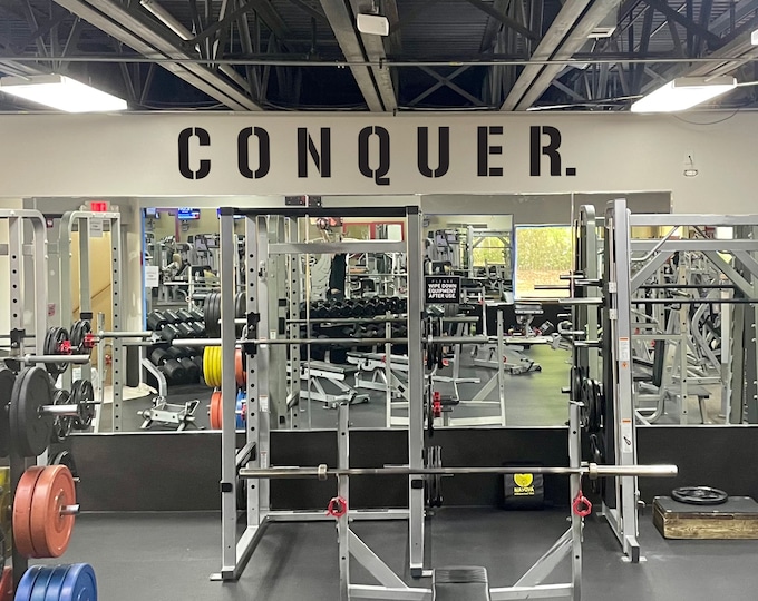 CONQUER. Gym Wall Decal, Gym Quote Decor, Fitness Decor, Home Gym Design Idea, Fitness Wall Decal, Cycling Quote decor, Gym Ideas