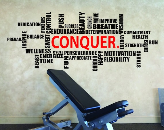 CONQUER. Wall Cloud Decal, Weight Room Ideas, Gym Fitness Wall Decal, Apartment Gym Studio Design