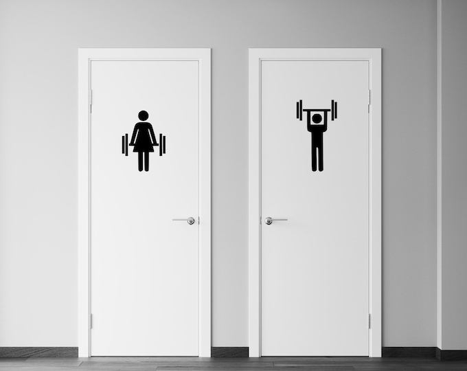 Weight Lifting Gym Bathroom Decal, Bathroom Sign, Male and Female Fitness Wall Sticker. Sign for Gym Bathroom
